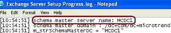 FIGURE B.11 - Exchange Server Setup Progress.log showing Schema Master Name