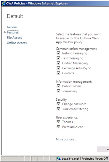 Exchange 2013 | Permisions | OWA Policies | Features