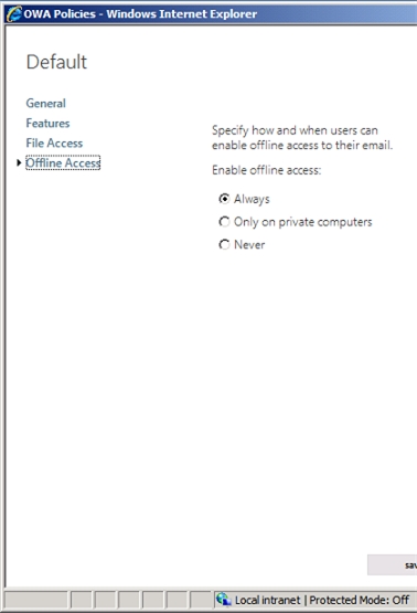 Exchange 2013 | Permisions | OWA Policies | Offline Access